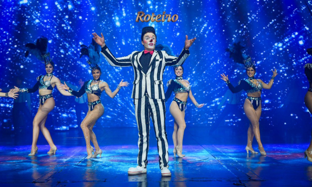 Mirage Circus em SJC — espetáculo com palhaço e dançarinas no palco iluminado