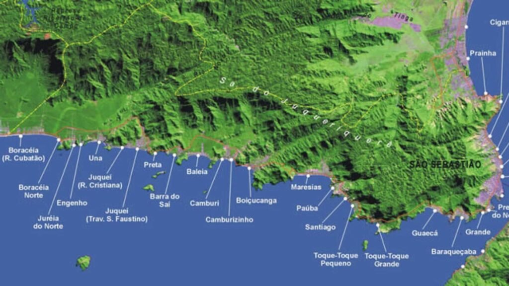 Mapa das praias do Litoral Norte de SP, acessíveis pela Tamoios em bate-volta partindo de SJC