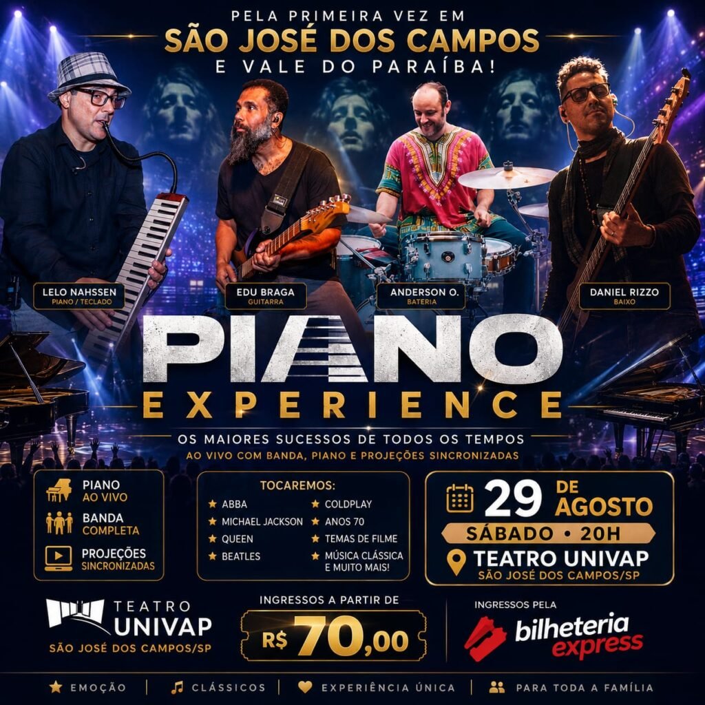 Cartaz de serviço do Piano Experience em SJC no Teatro Univap