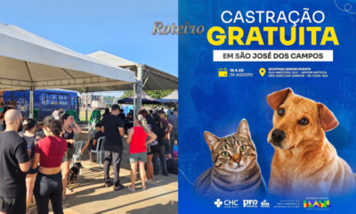 castração gratuita Jardim Oriente — fila de atendimento e cartaz oficial do mutirão