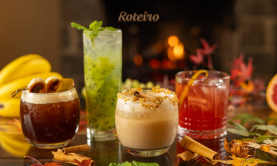 Chef Anouk Migotto premiada: drinks com kiwi, hortelã, banana e canela diante de uma lareira