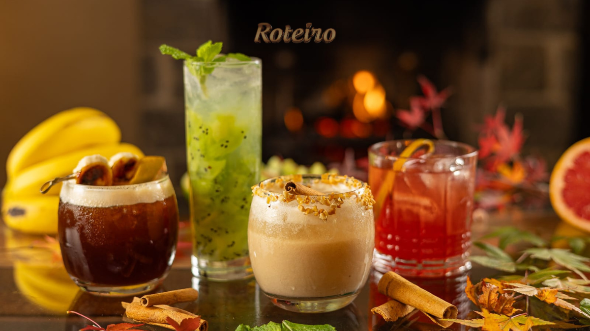 Chef Anouk Migotto premiada: drinks com kiwi, hortelã, banana e canela diante de uma lareira