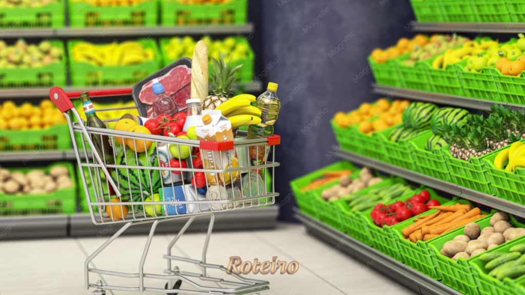 Cesta básica sobe SJC: corredor de supermercado com prateleiras de produtos