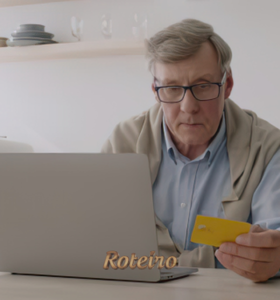 Dia da Pessoa Idosa: homem idoso segura cartão de crédito diante do notebook para compra online