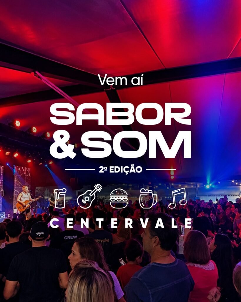 Festival Sabor e Som: arte de divulgação da 2ª edição no CenterVale com palco e público