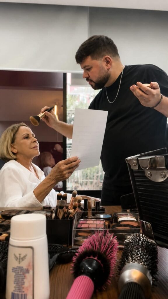 Mário Magalhães Studio Lions aplicando maquiagem em Claudete Troiano