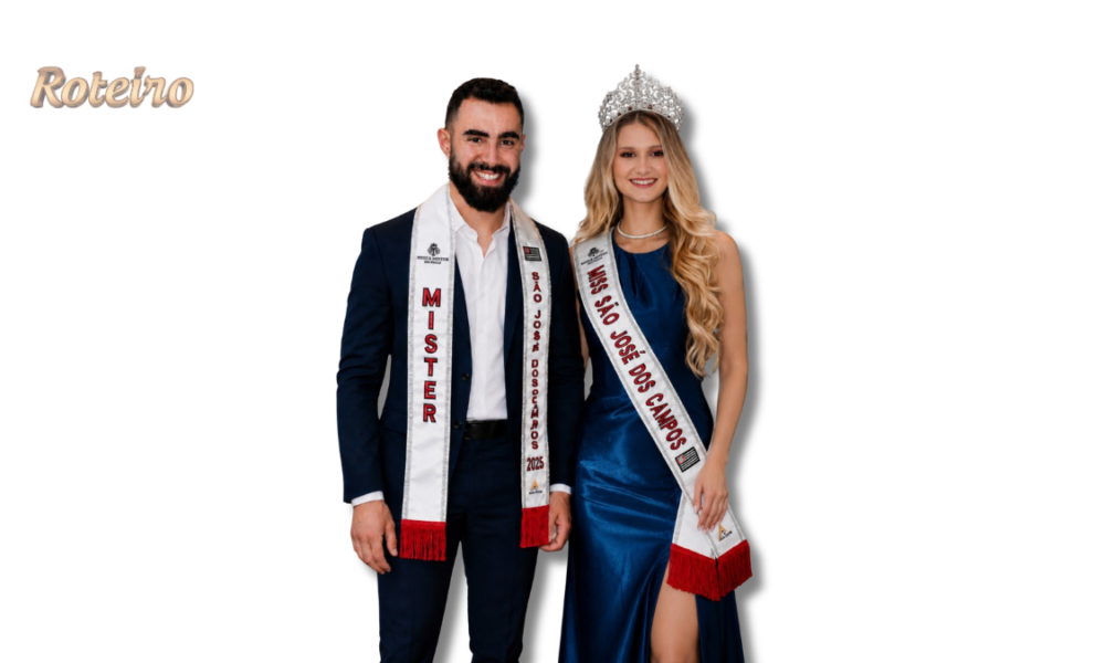 Miss e Mister SJC 2025 com coroa e faixas oficiais do concurso