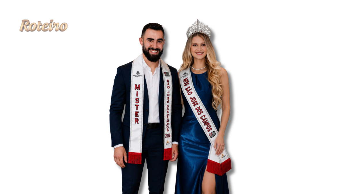 Miss e Mister SJC 2025 com coroa e faixas oficiais do concurso