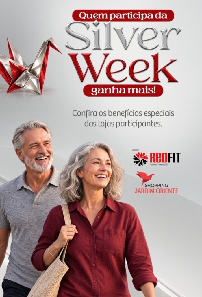 Silver Week Jardim Oriente: arte com casal sorridente 50+ e origami de grou prateado e vermelho