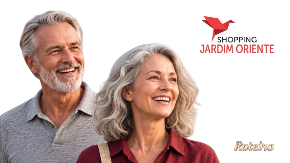 Silver Week Jardim Oriente: casal 50+ sorridente ao lado do logotipo do Shopping Jardim Oriente
