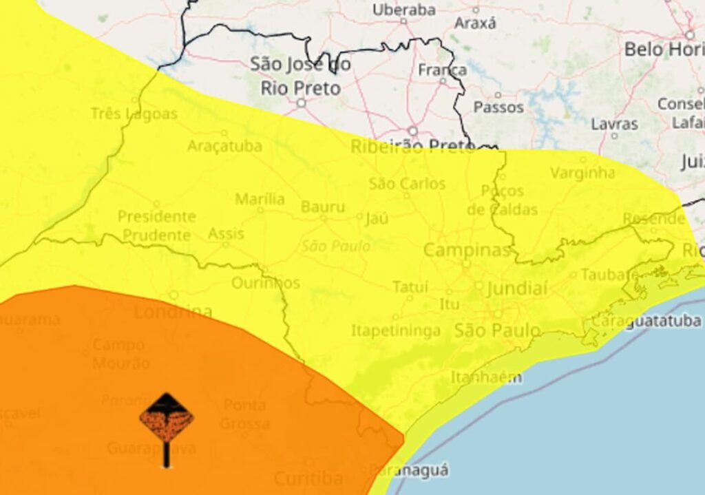 alerta laranja em SJC, mapa do Inmet com aviso de tempestade para o Vale do Paraíba