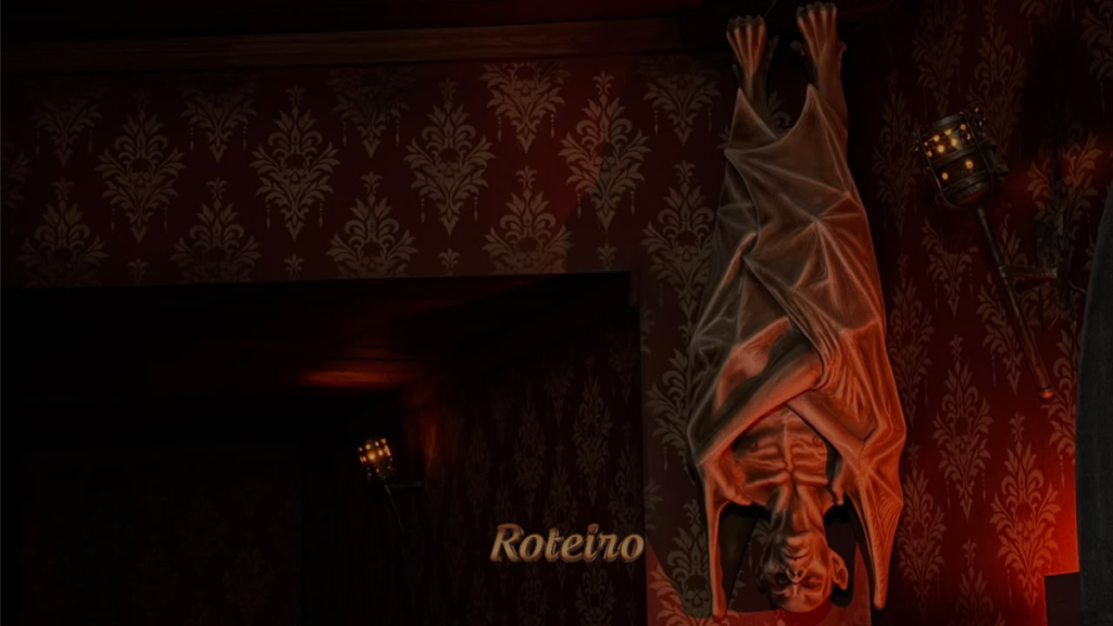 Figura de vampiro-morcego pendurada de cabeça para baixo em um dos cenários do Castelo do Terror