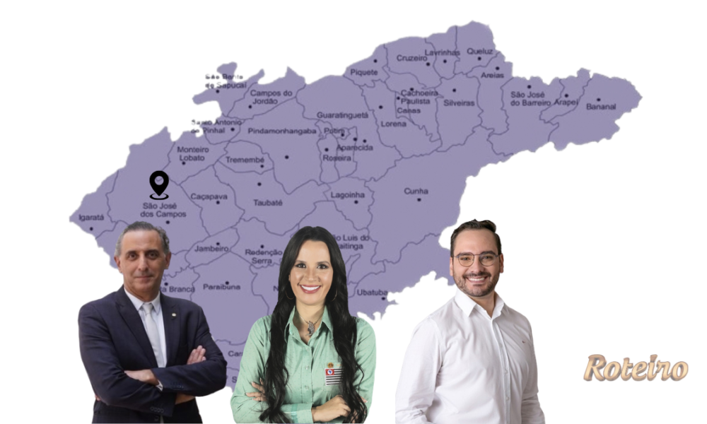Deputados eleitos do Vale em 2026: Eduardo Cury, Letícia Aguiar e Thomaz Henrique sobre o mapa da região