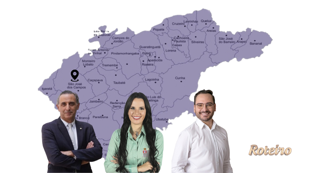 Deputados eleitos do Vale em 2026: Eduardo Cury, Letícia Aguiar e Thomaz Henrique sobre o mapa da região