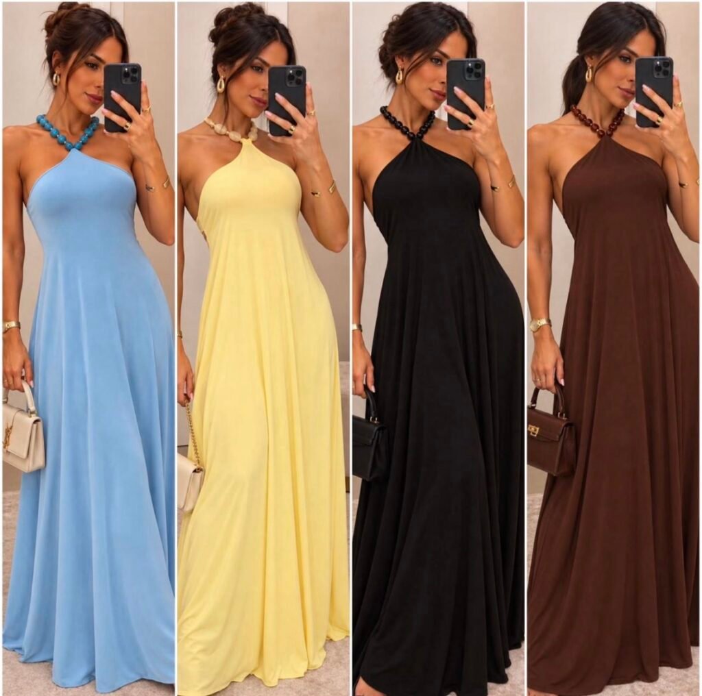 desfile Shopping Jardim Oriente inclui vestidos longos frente única em cores lisas