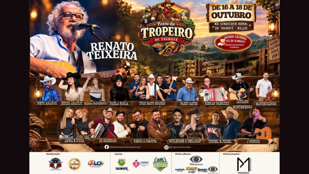 Festa do Tropeiro Taubaté cartaz com Renato Teixeira e atrações de 16 a 18 de outubro