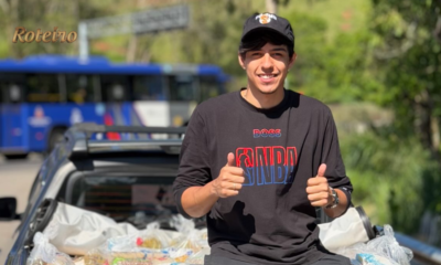 mil lanches em Paraibuna – João Gabriel, CEO do Grupo Pádua, com alimentos arrecadados