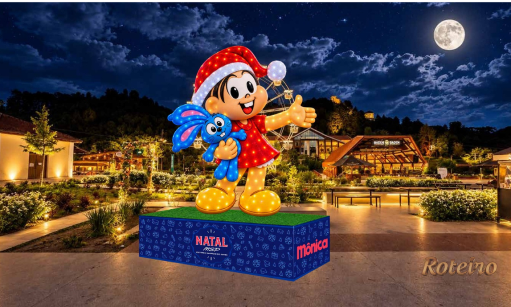 Natal Parque Capivari 2026, projeção da Mônica iluminada com o Sansão