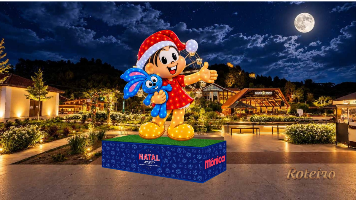 Natal Parque Capivari 2026, projeção da Mônica iluminada com o Sansão