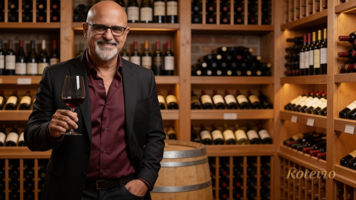 Vinhos no Food Vale: sommelier Edu Santoro com taça de vinho tinto em adega